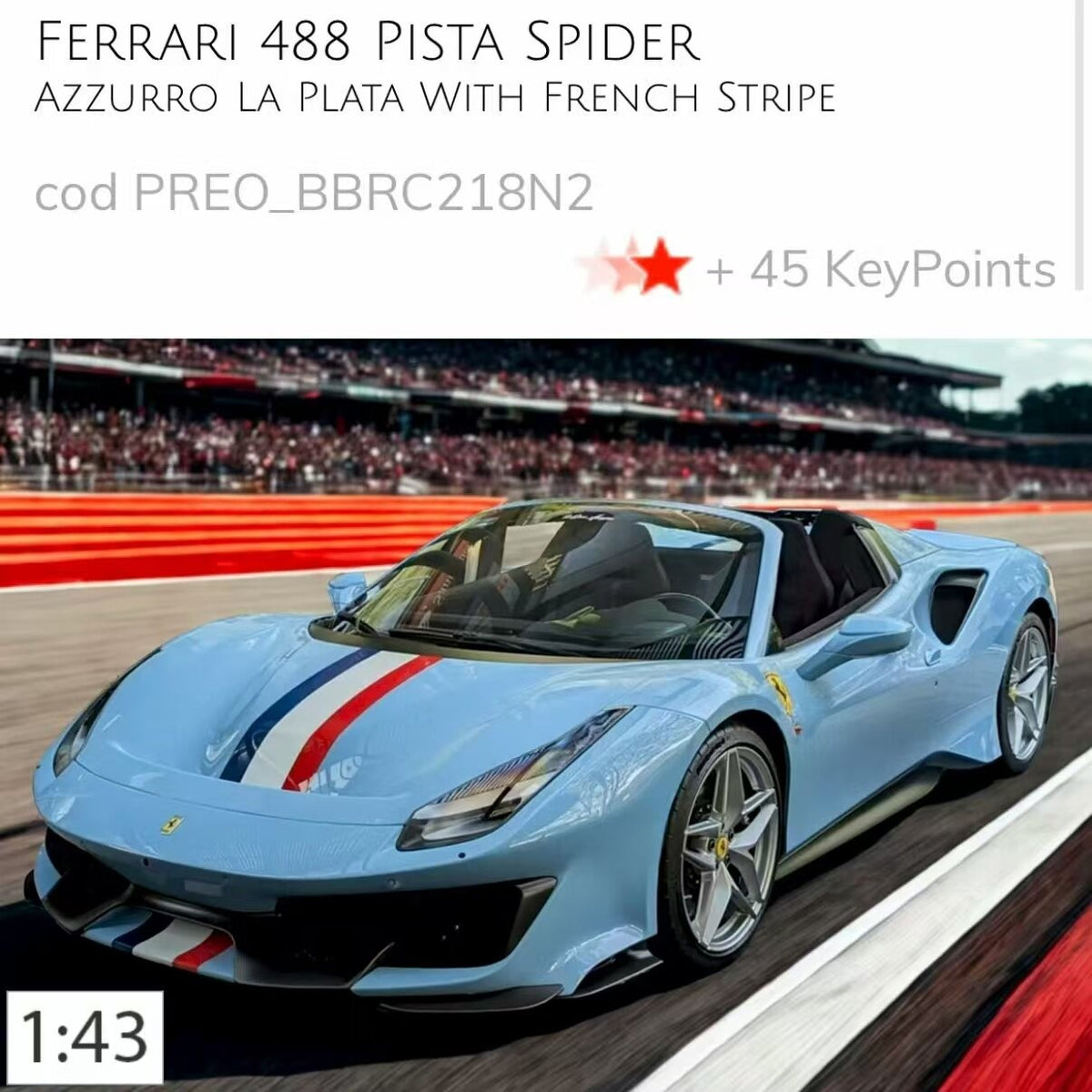 BBR 1/43 Ferrari 488 Pista Spider Azzurro La Plata Carbon Base Preorder