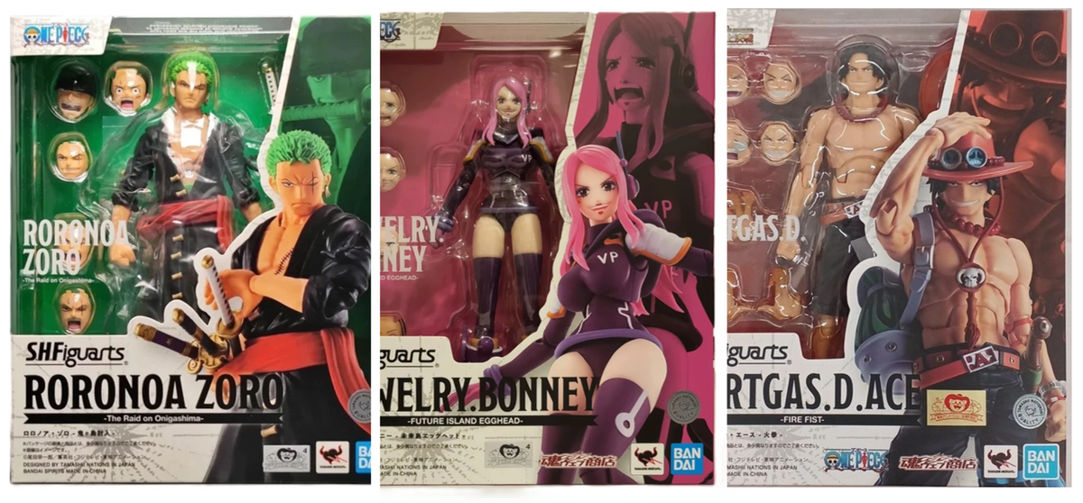 S.H.Figuarts One Piece Zoro Onigashima + Ace Fire Fist + Bonney Egghead Set