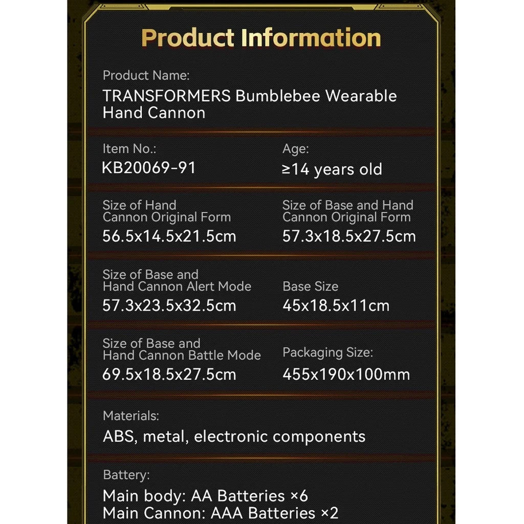 Transformers Bumblebee Wearable Hand Cannon LED Light Sound Effect Display Prop