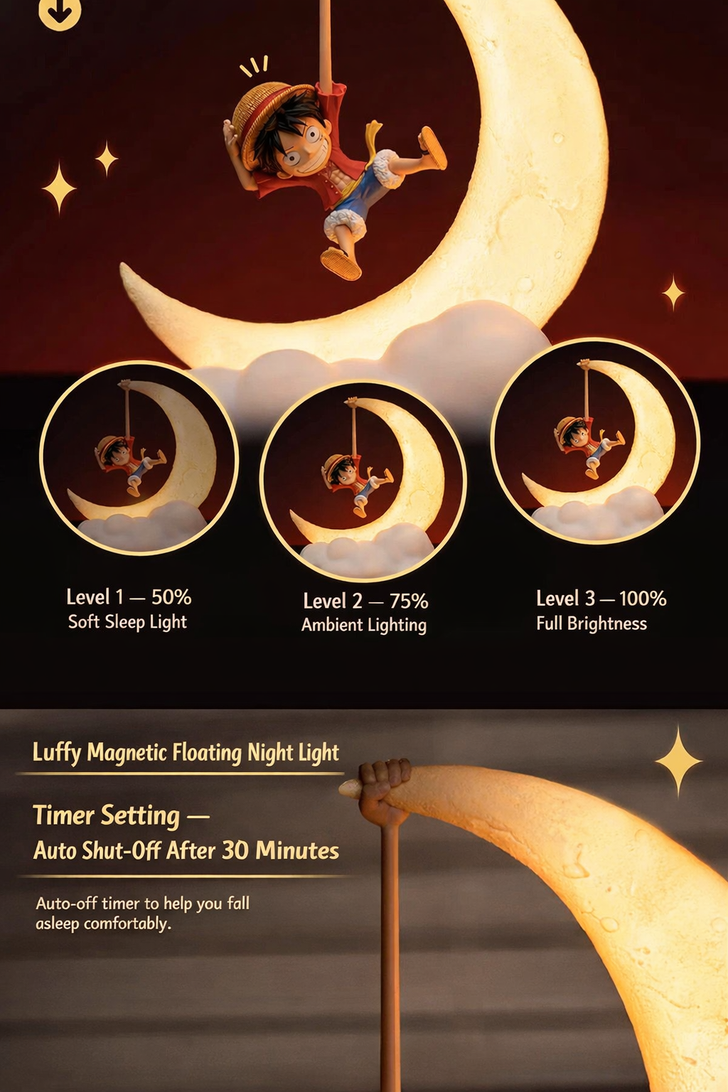 One Piece Monkey D Luffy LED Night Light Crescent Moon Lamp USB Rechargeable
