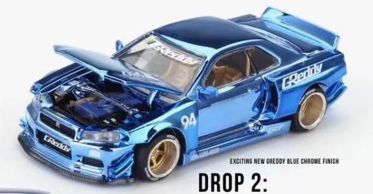 MINI GT Kaido House R34 GReddy Blue Chrome LTD EDN Osaka Widebody 1/64 Model