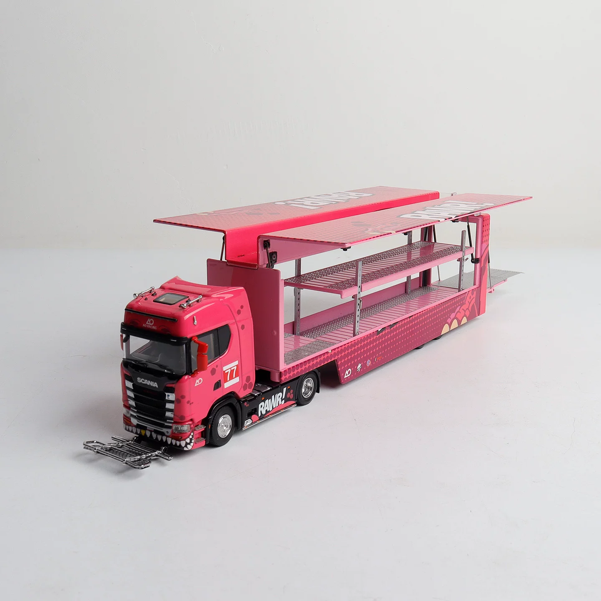 Maxwell x Kengfai 1/64 Scania S730 V8 Transport Truck Pink Dinosaur 2nd Gen
