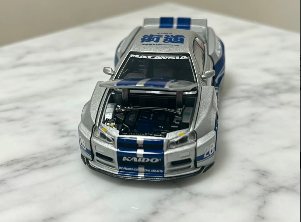 KAIDOHOUSE 1/64 Nissan Skyline GT-R R34 Malaysia Expo Silver Blue Diecast Model