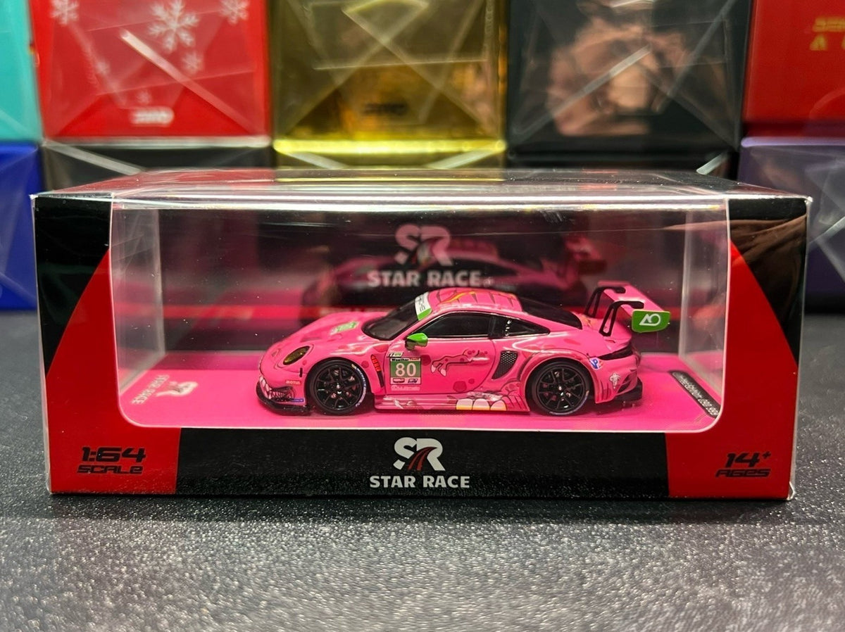 Star Race 1/64 Porsche 911 GT3 R #80 Pink Dino Green Ear Diecast Car