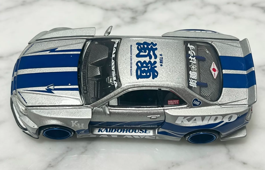 KAIDOHOUSE 1/64 Nissan Skyline GT-R R34 Malaysia Expo Silver Blue Diecast Model