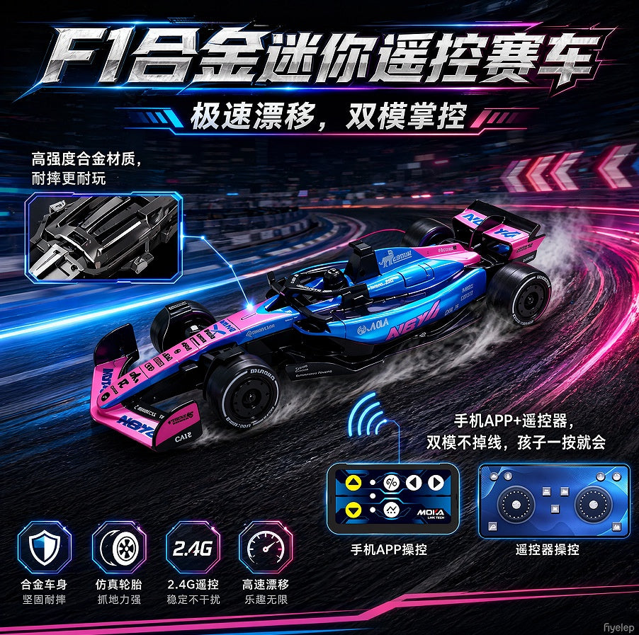 F1 1/64 Alloy RC Racing Car, Dual-Mode Phone/Remote, Blue