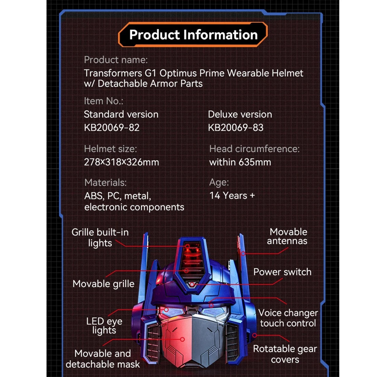 Transformers G1 Optimus Prime Wearable Helmet LED Voice Control Electronic Mask