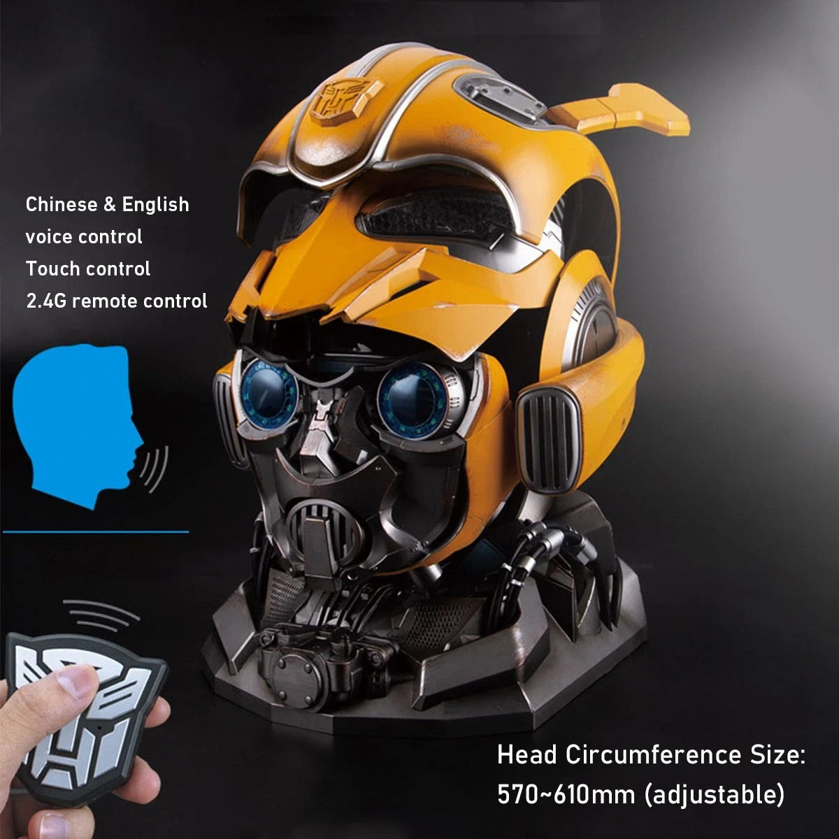 Transformers Bumblebee Wearable Helmet LED Light Voice Control Mask w/ Stand