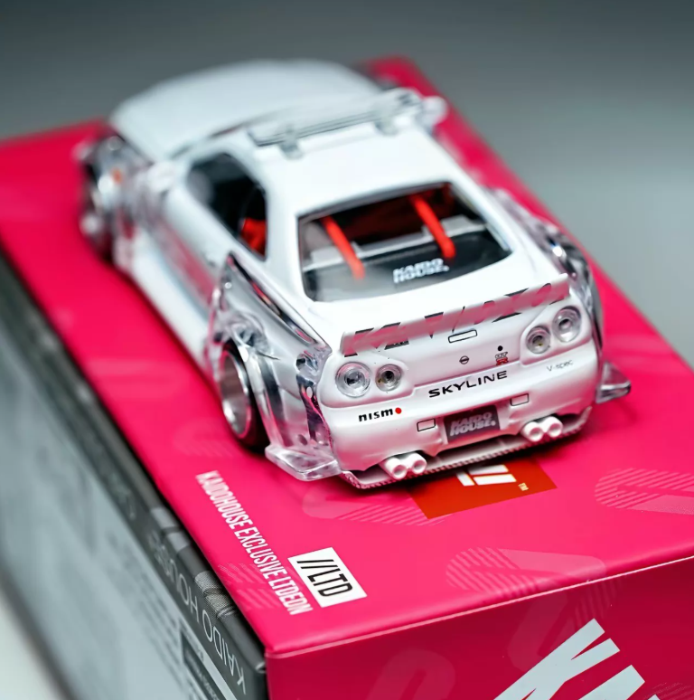 KAIDO HOUSE x MINI GT 1/64 R34 White Ghost LTDEDN Clear Widebody
