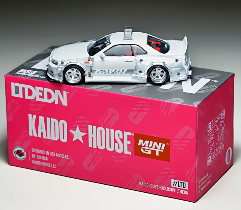 KAIDO HOUSE x MINI GT 1/64 R34 White Ghost LTDEDN Clear Widebody