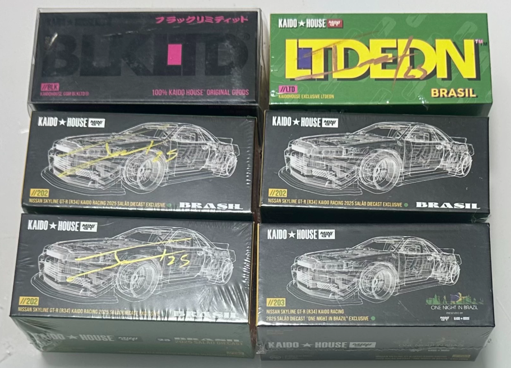 MINI GT Kaido House R34 Kaido Racing Brasil Green Salão Exclusive 1/64