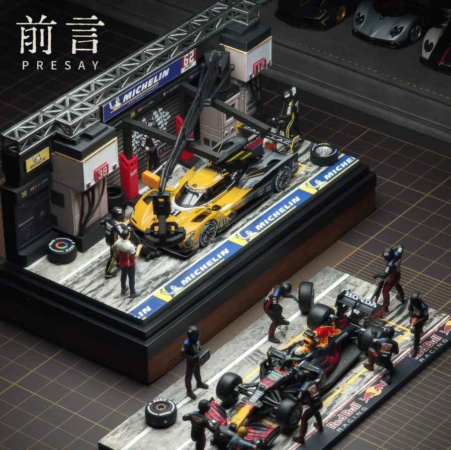 PRESAY 1/64 Racing Pit Garage Diorama Red Bull Figures Set