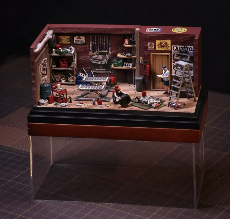 PRESAY 1/64 Repair Garage Diorama Set with Figures