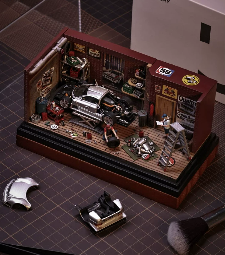 PRESAY 1/64 Repair Garage Diorama Set with Figures