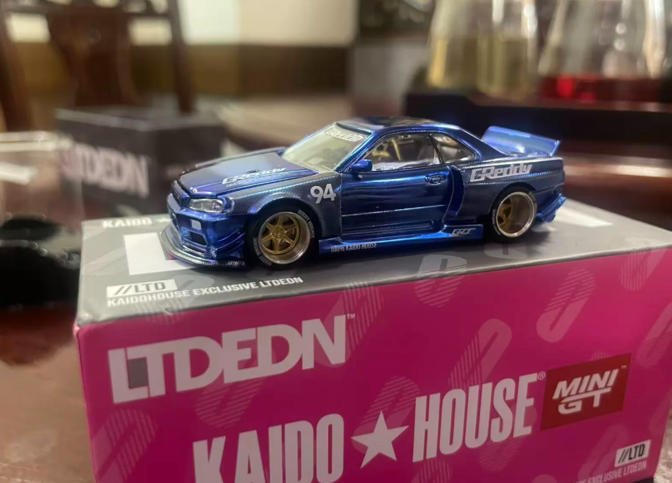 MINI GT Kaido House R34 GReddy Blue Chrome LTD EDN Osaka Widebody 1/64 Model