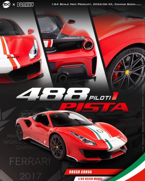 Drakhy x FuelMe TOC 1:64 Ferrari 488 Pista Piloti Rosso Corsa Resin Model