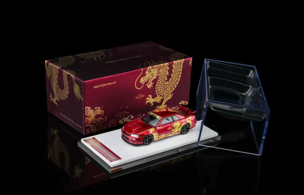 Motorhelix 1/64 Nissan Skyline GT-R R34 Customized Metallic Red Gold Dragon