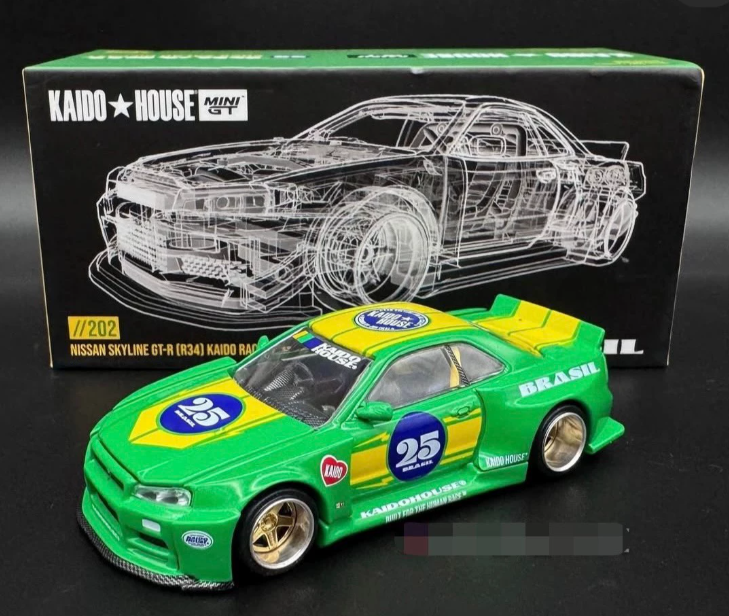 MINI GT Kaido House R34 Kaido Racing Brasil Green Salão Exclusive 1/64