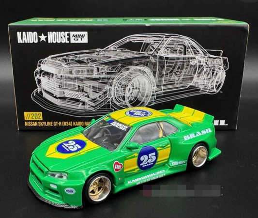 MINI GT Kaido House R34 Kaido Racing Brasil Green Salao Exclusive 1/64