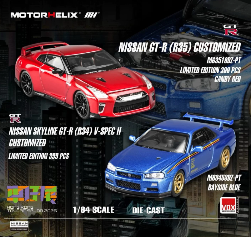 MotorHelix 1/64 Nissan Skyline GT-R R34 Bayside Blue VDX