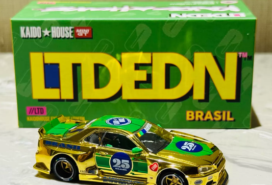 MINI GT Kaido House R34 Kaido Racing Brasil Gold Chrome LTD EDN 1/64 Model