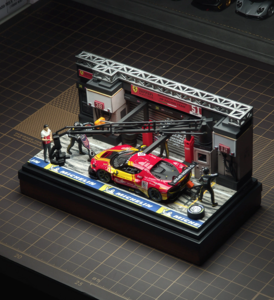 PRESAY 1/64 Racing Pit Garage Diorama Red Bull Figures Set