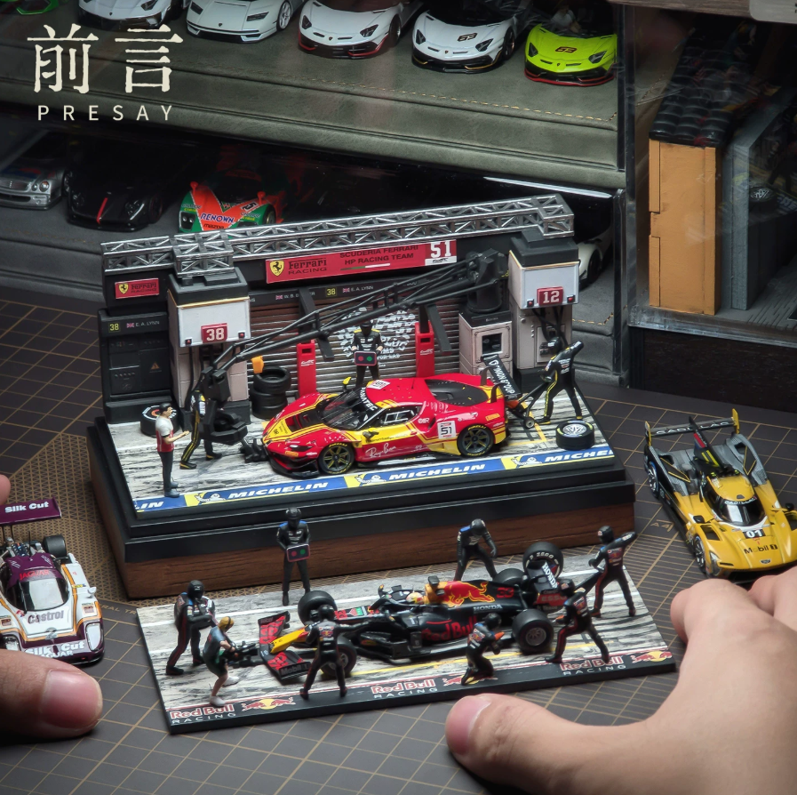 PRESAY 1/64 Racing Pit Garage Diorama Red Bull Figures Set