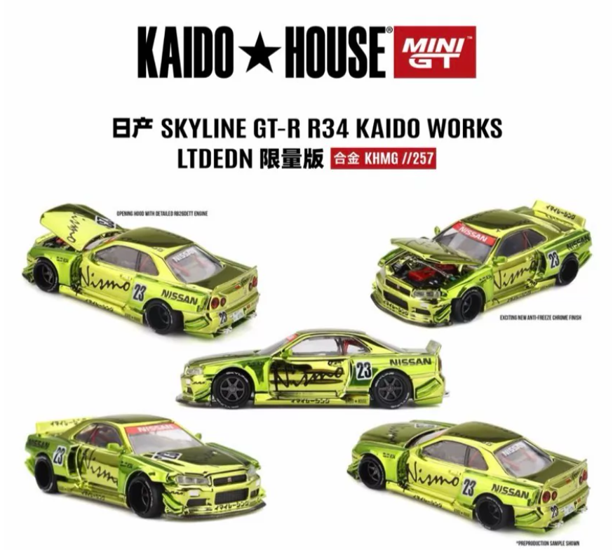 MINI GT Kaido House R34 Kaido Works LTD EDN Anti-Freeze Chrome Beijing 1/64