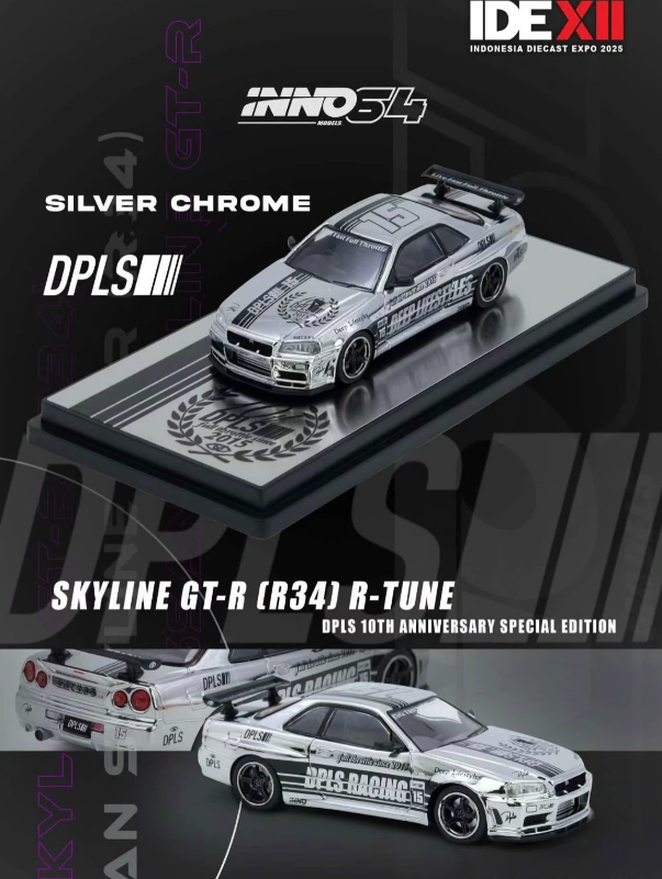 INNO64 1/64 DPLS 10th Anniversary Nissan Skyline GT-R R34 Silver Chrome