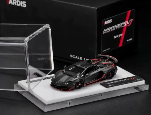Tardis 1/64 Lamborghini Aventador SVJ Roadster Black Red Livery Model