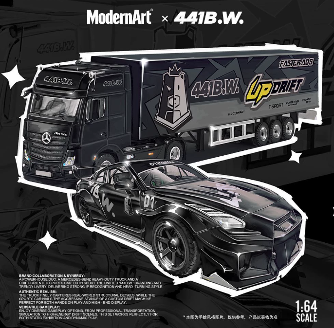 ModernArt x 441B.W. 1/64 Mercedes-Benz Actros & Nissan GT-R R35 Set