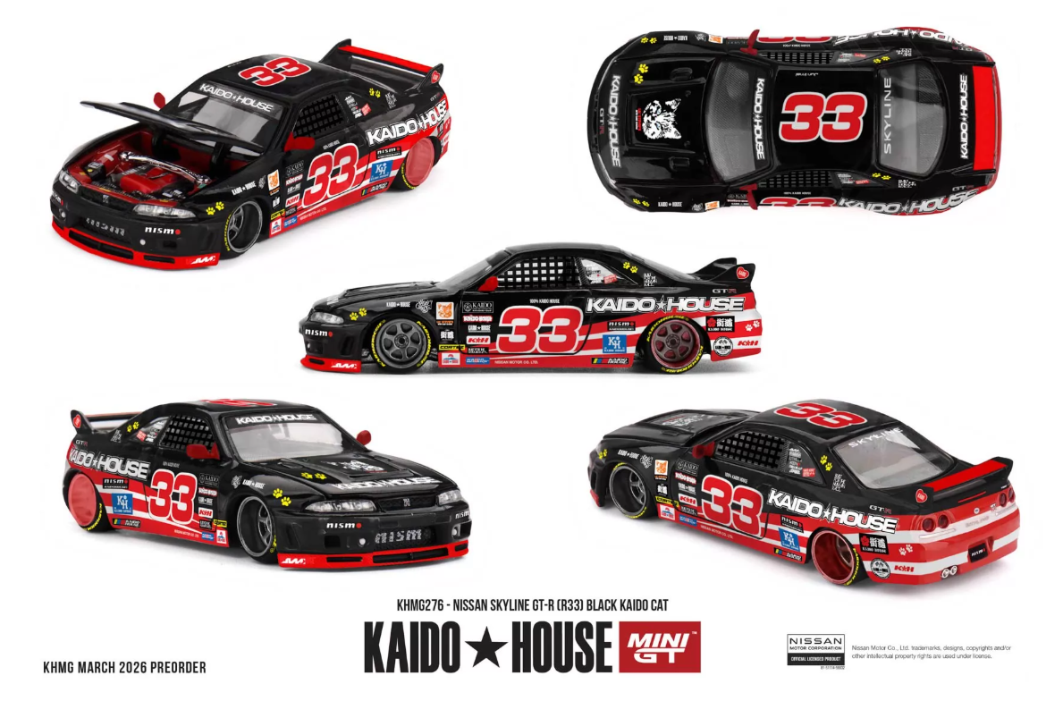 Kaido House Mini GT 1/64 Nissan Skyline GT-R R33 Black Kaido Cat