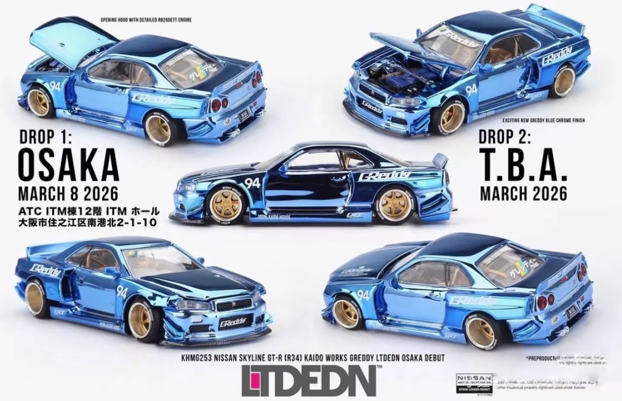 MINI GT Kaido House R34 GReddy Blue Chrome LTD EDN Osaka Widebody 1/64 Model