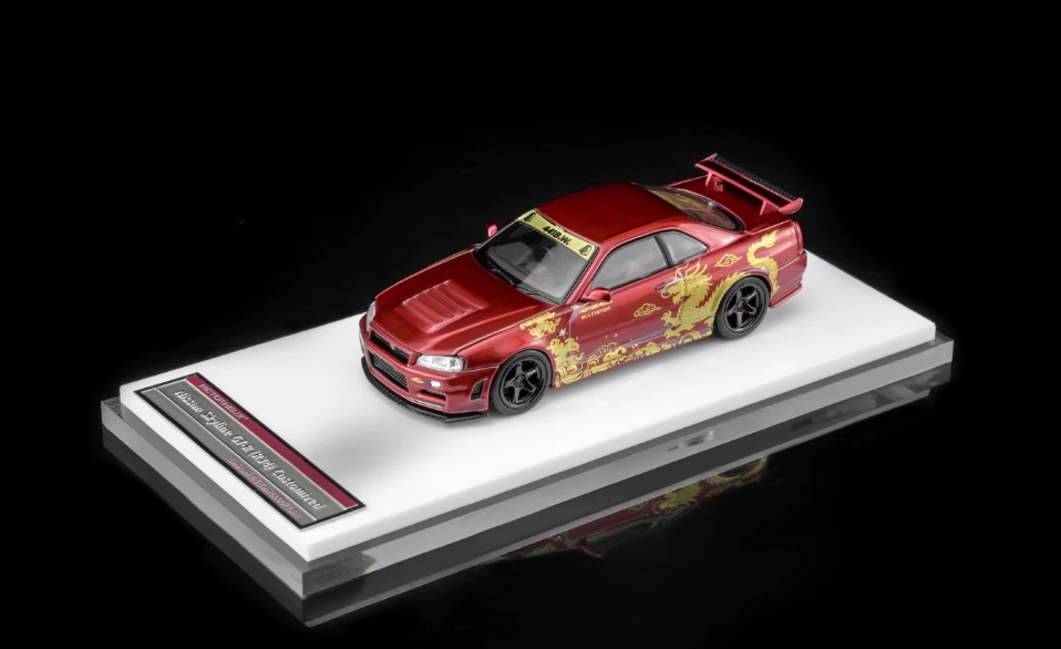 Motorhelix 1/64 Nissan Skyline GT-R R34 Customized Metallic Red Gold Dragon