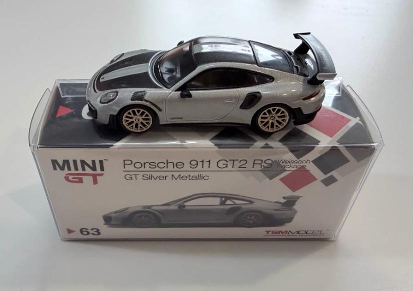 MINI GT 63 Porsche 911 GT2 RS Weissach Silver Metallic 1/64