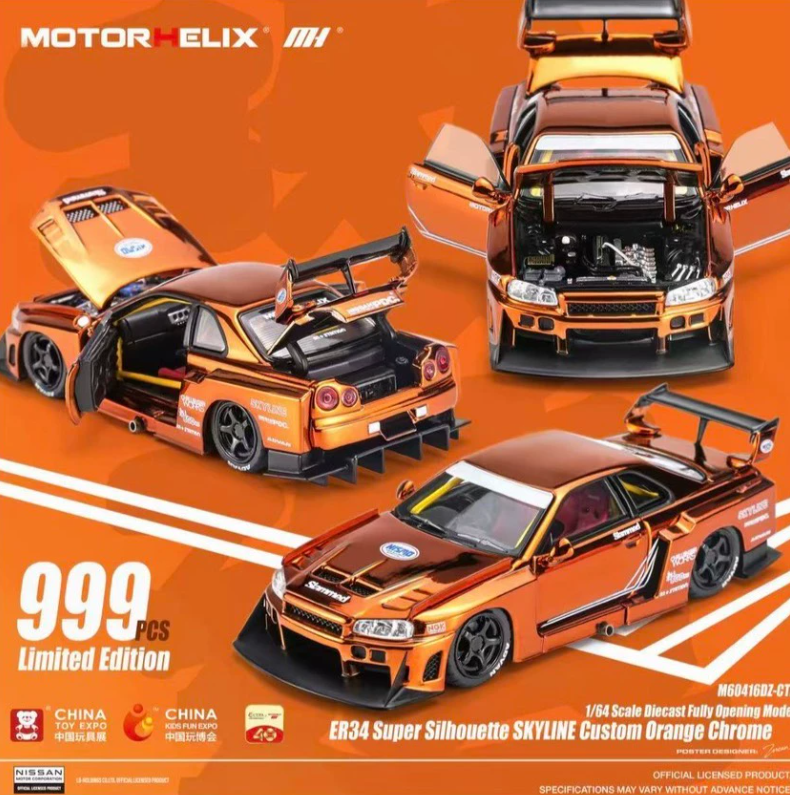MOTORHELIX 1/64 Nissan Skyline ER34 LB Orange Chrome Toy Expo