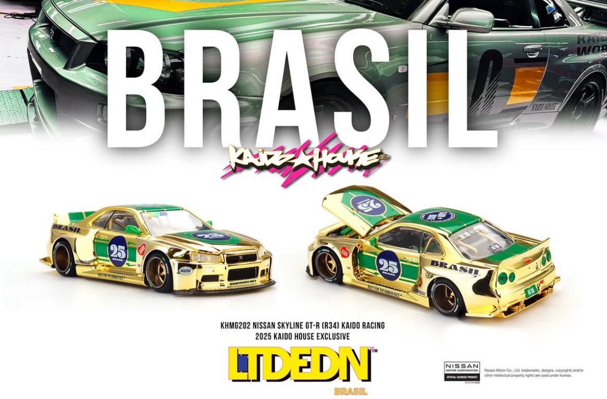 MINI GT Kaido House R34 Kaido Racing Brasil Gold Chrome LTD EDN 1/64 Model