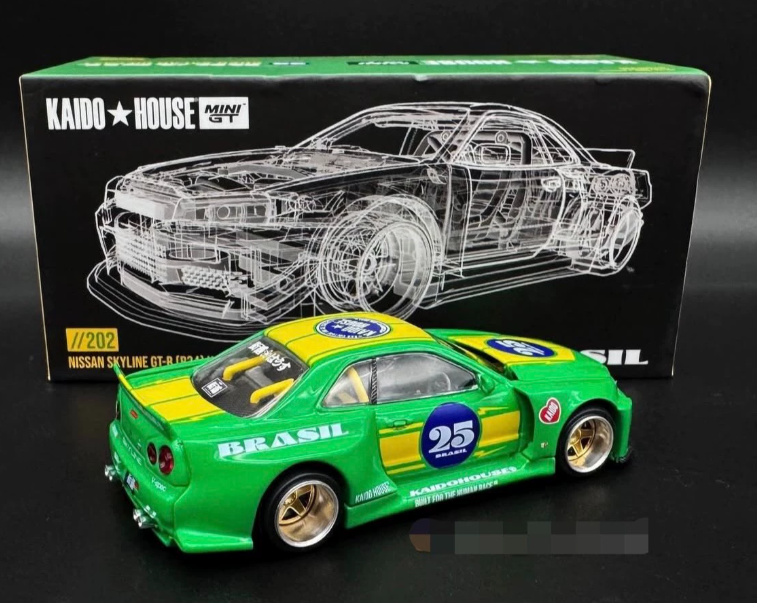 MINI GT Kaido House R34 Kaido Racing Brasil Green Salão Exclusive 1/64